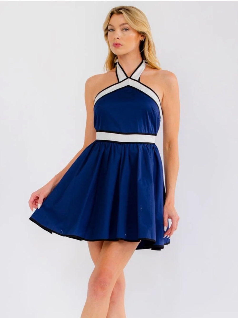 A680. Navy Halter Fit & Flare Dress with Contrast Trim