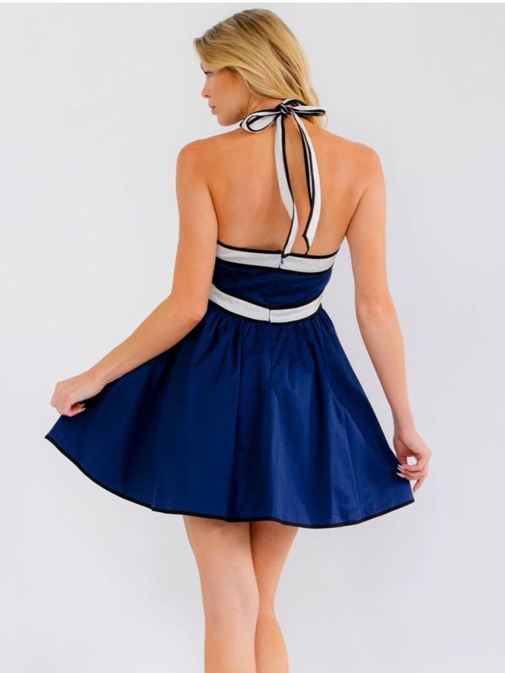 A680. Navy Halter Fit & Flare Dress with Contrast Trim
