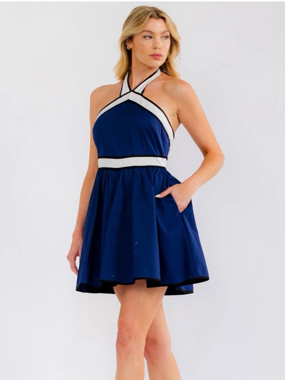 A680. Navy Halter Fit & Flare Dress with Contrast Trim