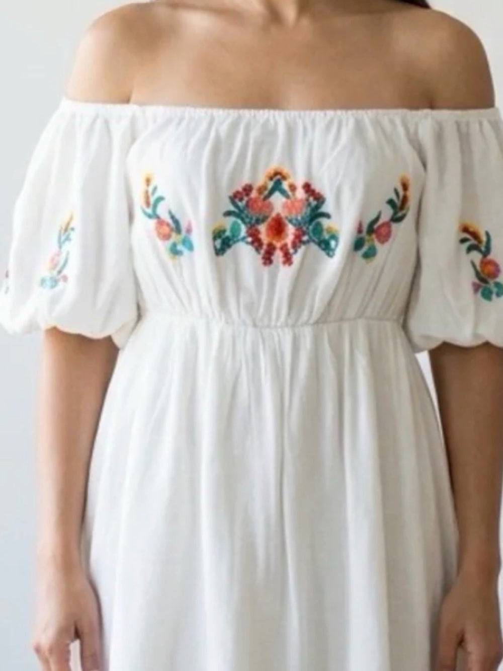 A681. Off-Shoulder White Embroidered Mini Dress