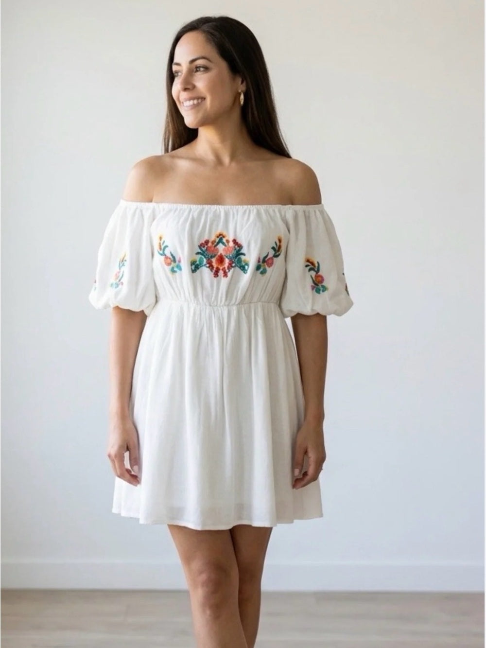 A681. Off-Shoulder White Embroidered Mini Dress