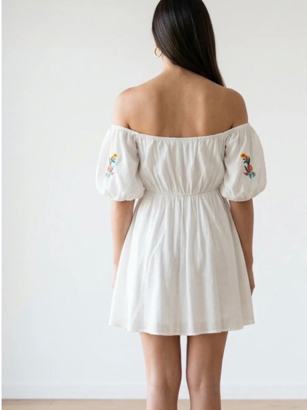 A681. Off-Shoulder White Embroidered Mini Dress