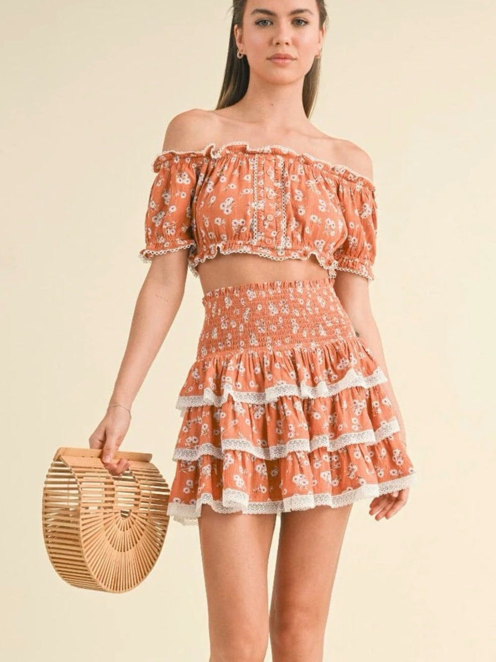 A682. Rust Floral Tiered Smocked Crop Top & Mini Skirt