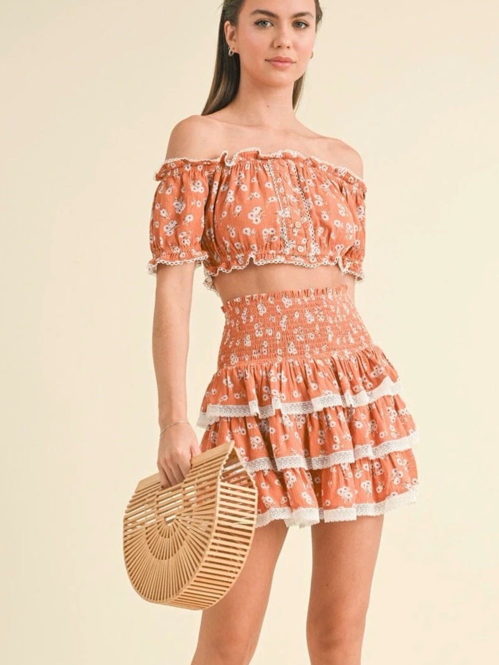 A682. Rust Floral Tiered Smocked Crop Top & Mini Skirt