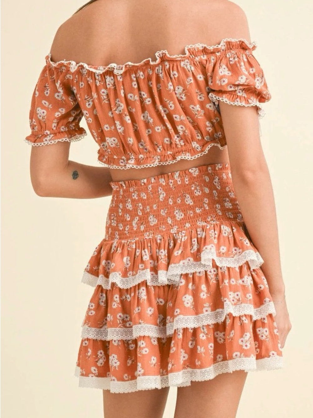 A682. Rust Floral Tiered Smocked Crop Top & Mini Skirt