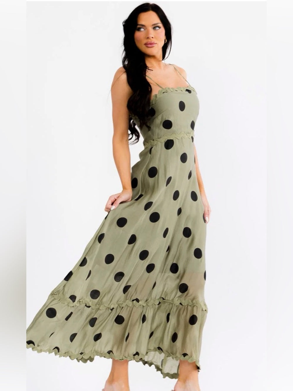 A683. Olive Green Polka Dot Maxi Dress with Spaghetti Straps