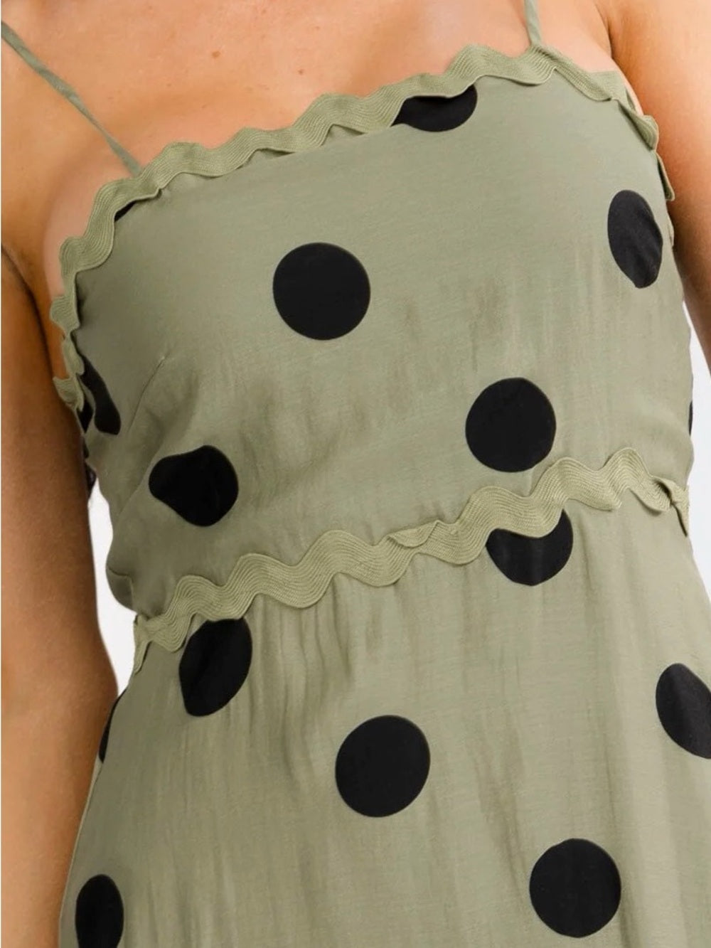 A683. Olive Green Polka Dot Maxi Dress with Spaghetti Straps