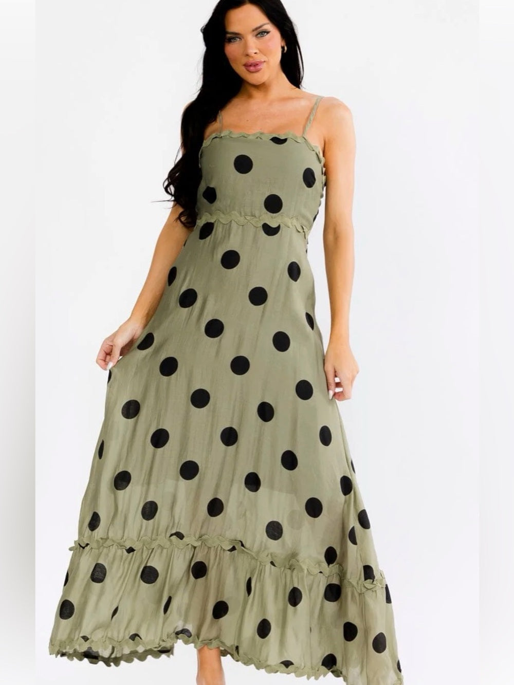 A683. Olive Green Polka Dot Maxi Dress with Spaghetti Straps