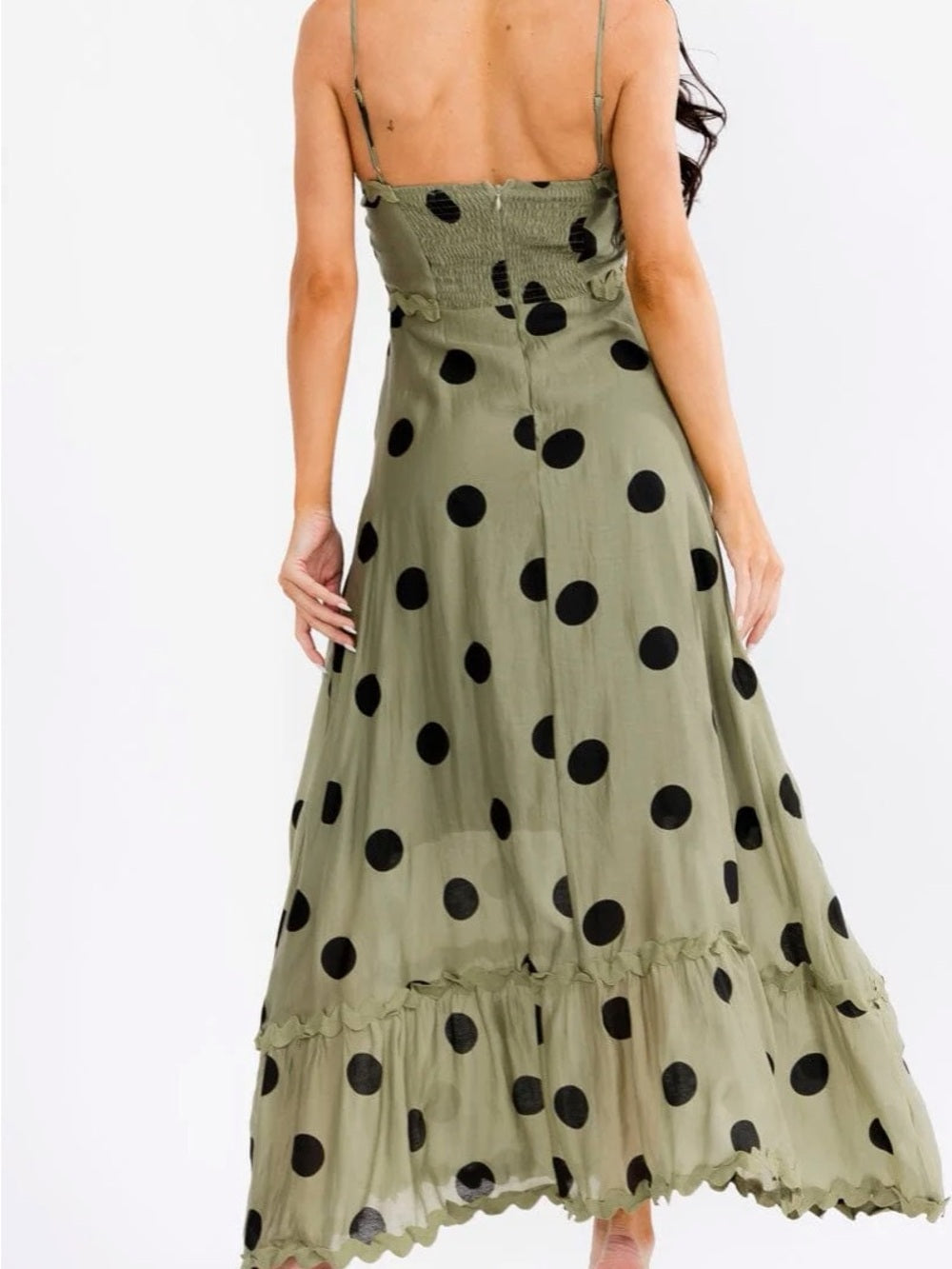 A683. Olive Green Polka Dot Maxi Dress with Spaghetti Straps
