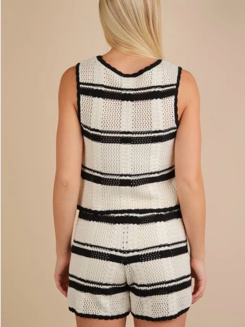 A684. Cream & Black Striped Knit Vest and Shorts Set