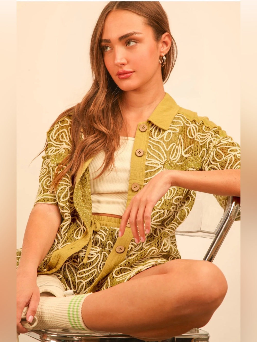 A685. Olive Green Embroidered Button-Up Top & Short Set