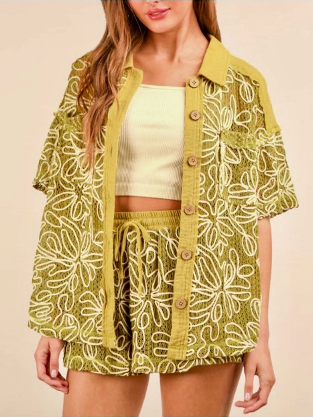 A685. Olive Green Embroidered Button-Up Top & Short Set
