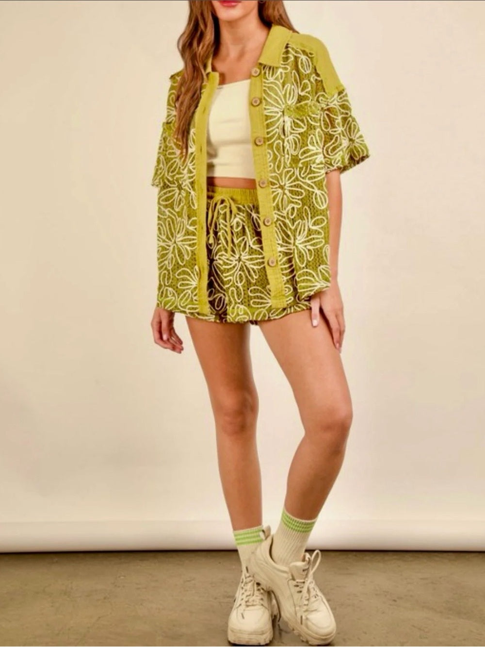 A685. Olive Green Embroidered Button-Up Top & Short Set