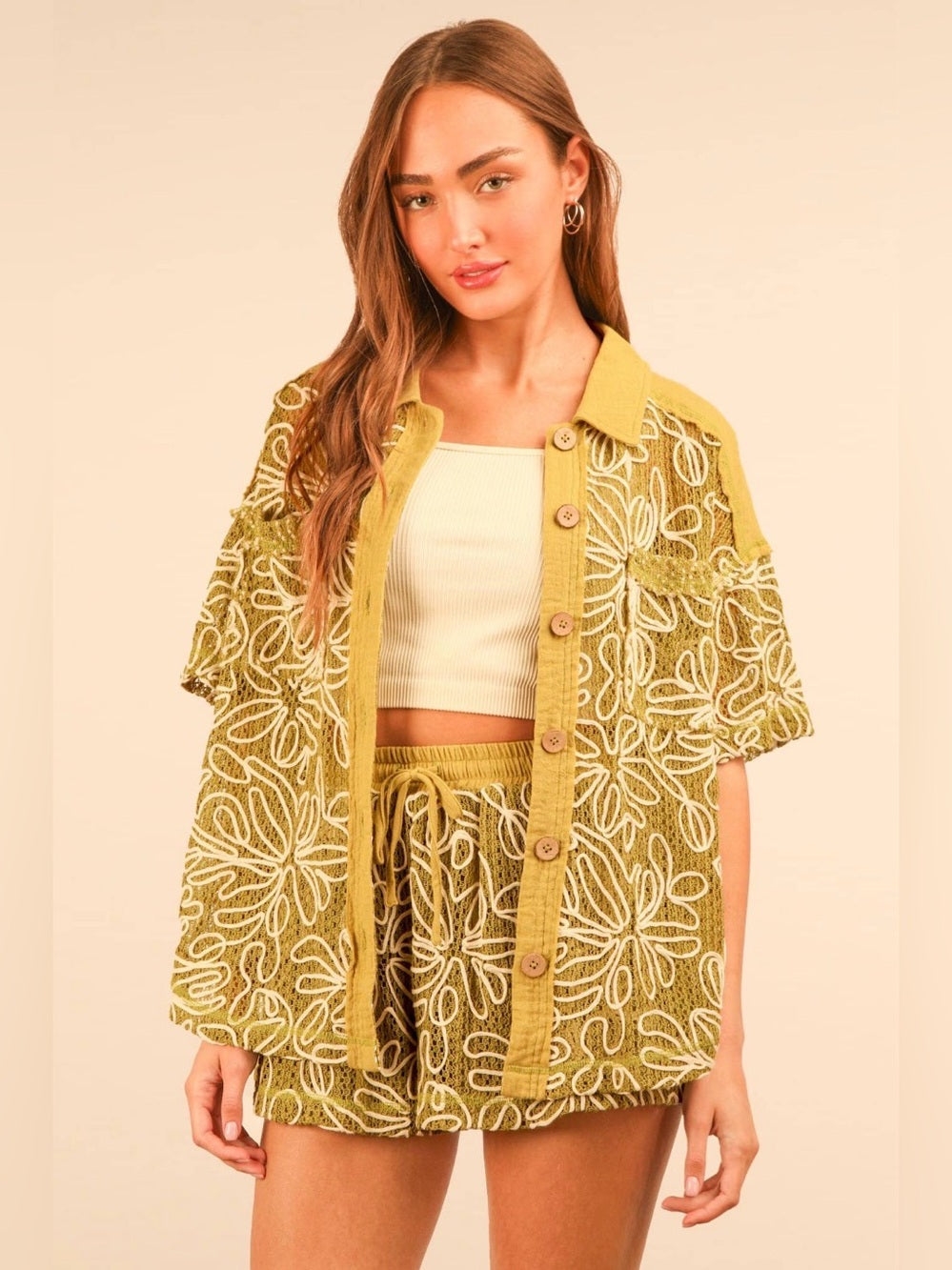 A685. Olive Green Embroidered Button-Up Top & Short Set