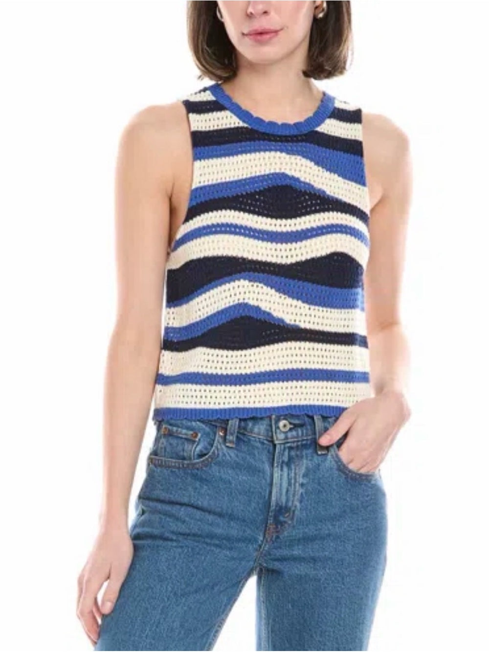 A686. Striped Knit Sleeveless Top in Blue and White