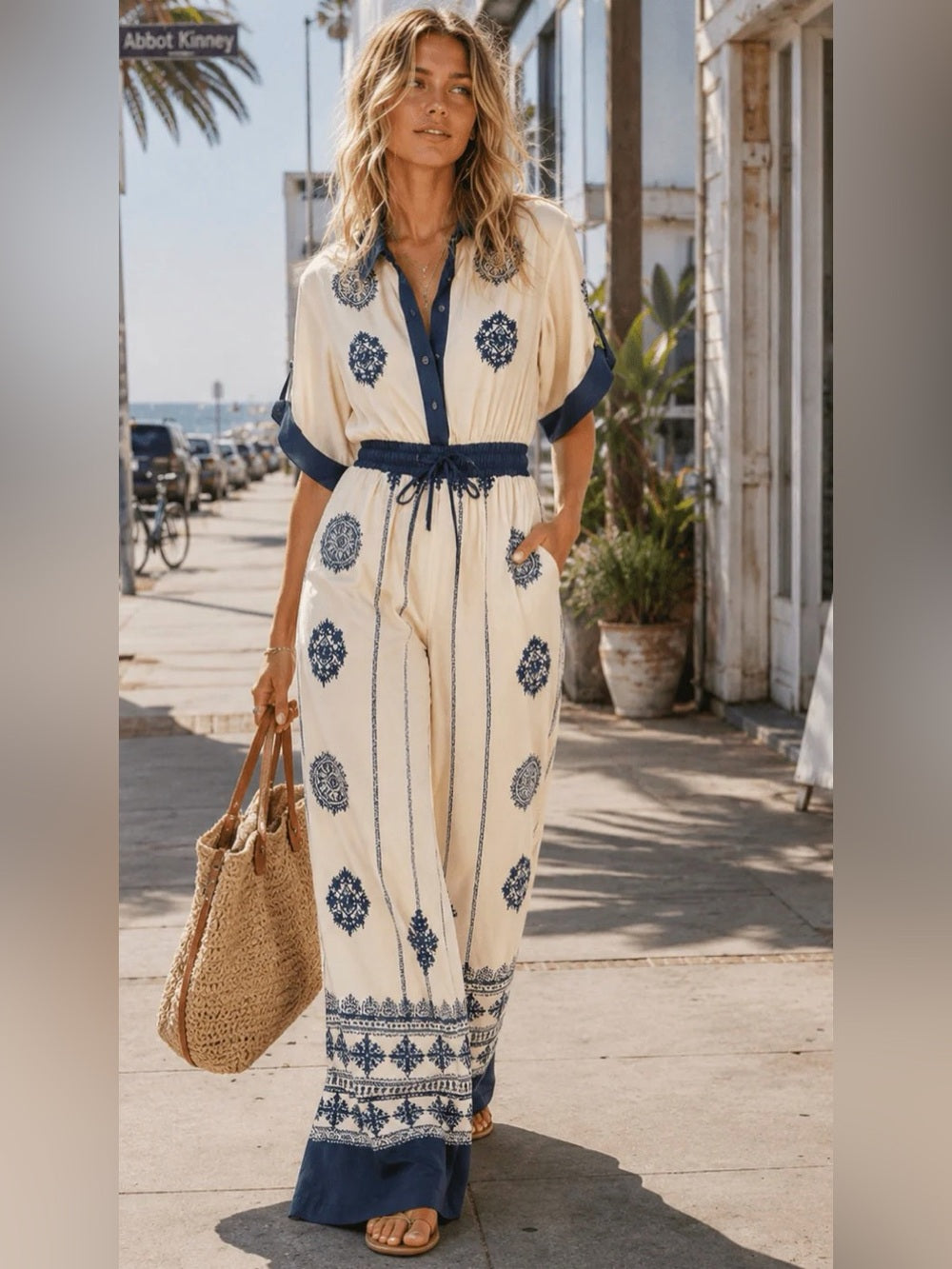 A687. Cream and Navy Boho Embroidered Jumpsuit