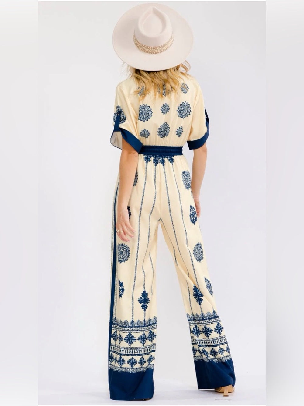 A687. Cream and Navy Boho Embroidered Jumpsuit