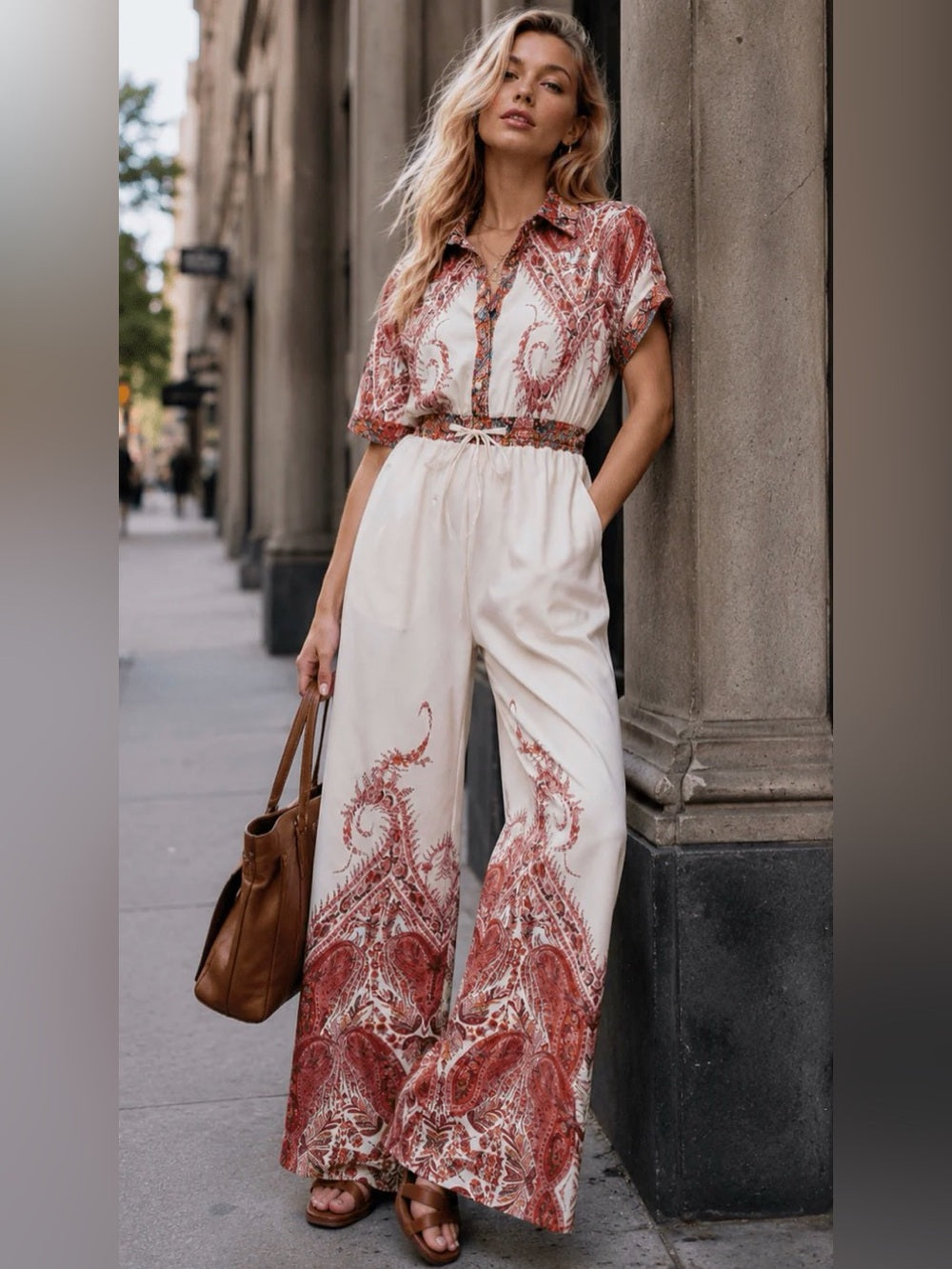 A688. Cream & Rust Paisley Button-Front Jumpsuit