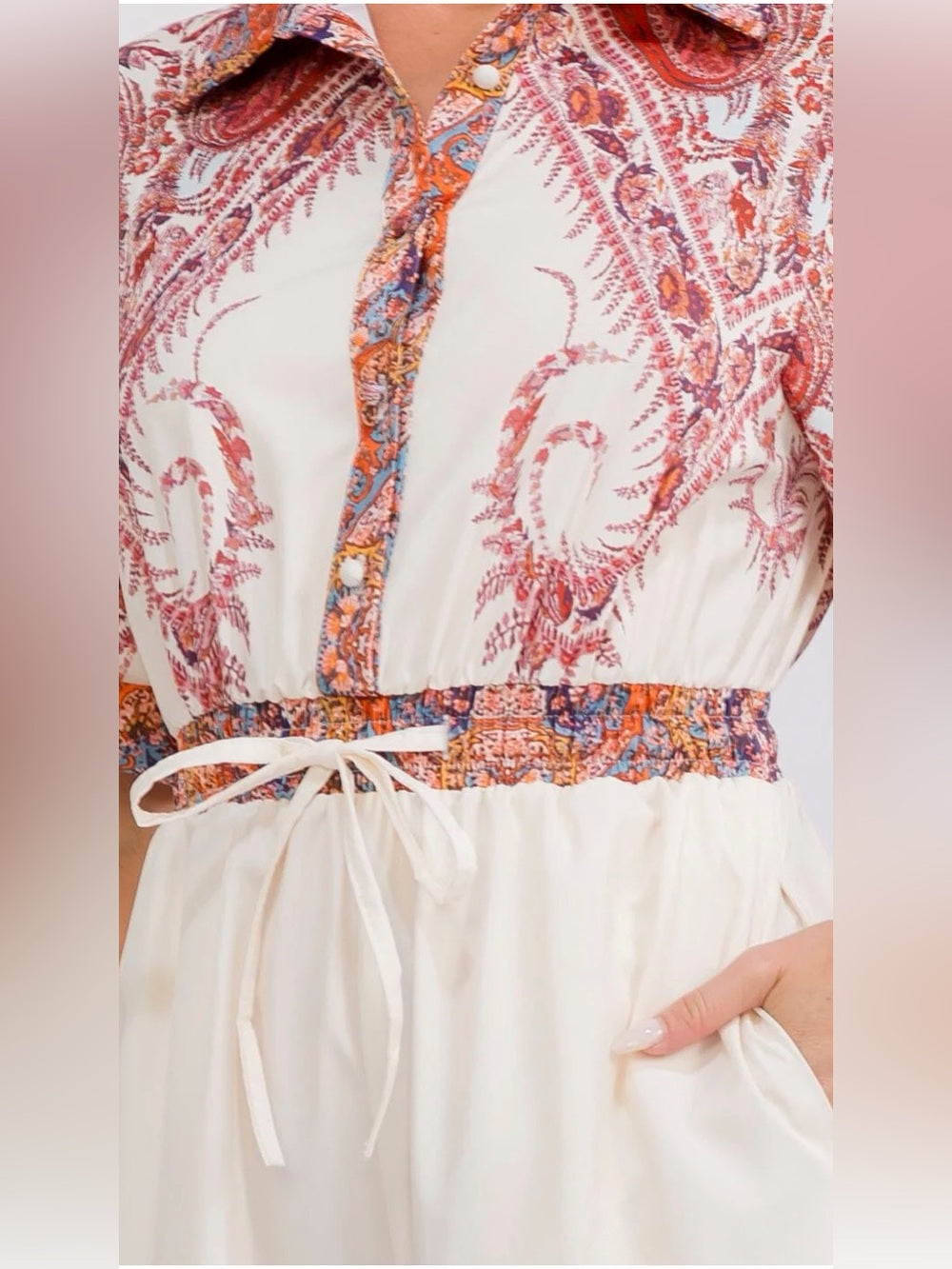 A688. Cream & Rust Paisley Button-Front Jumpsuit