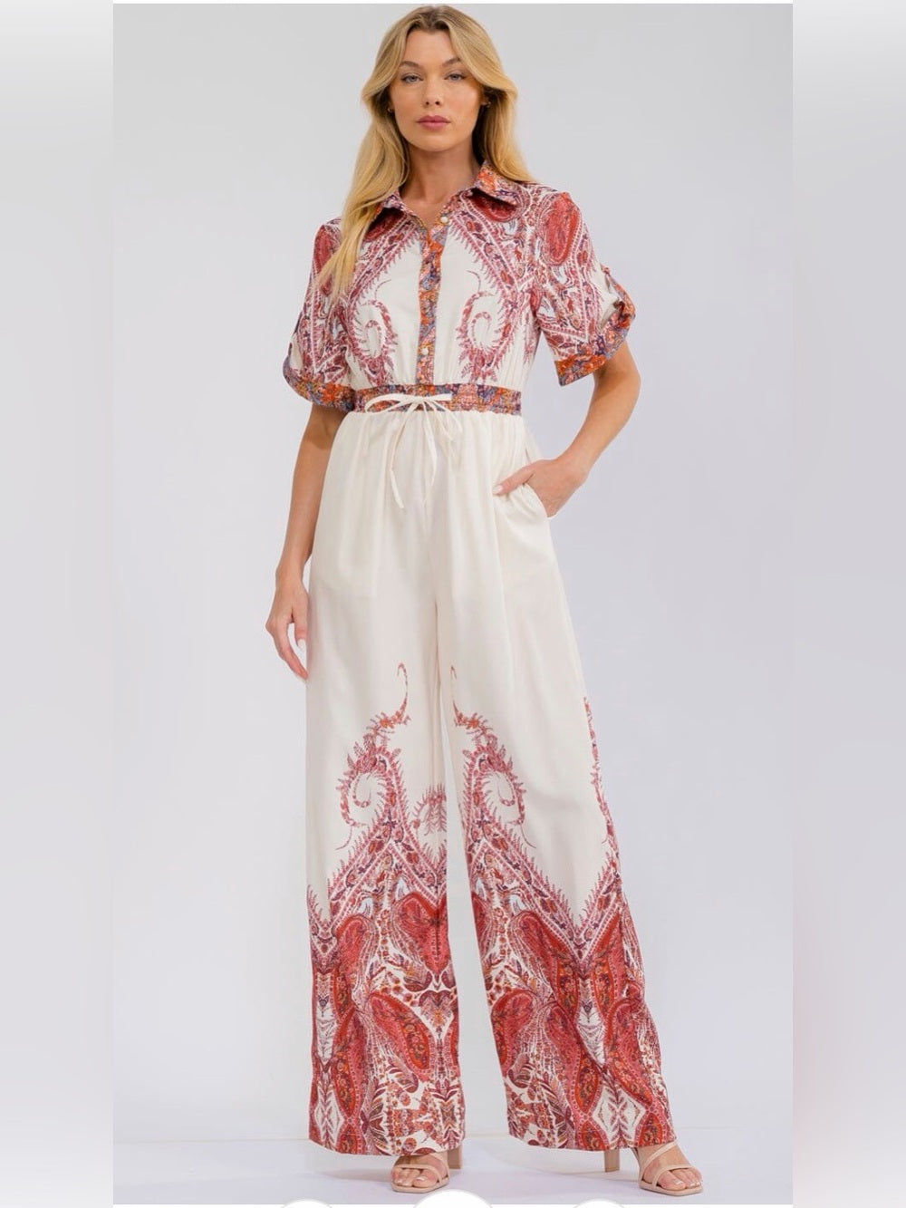 A688. Cream & Rust Paisley Button-Front Jumpsuit