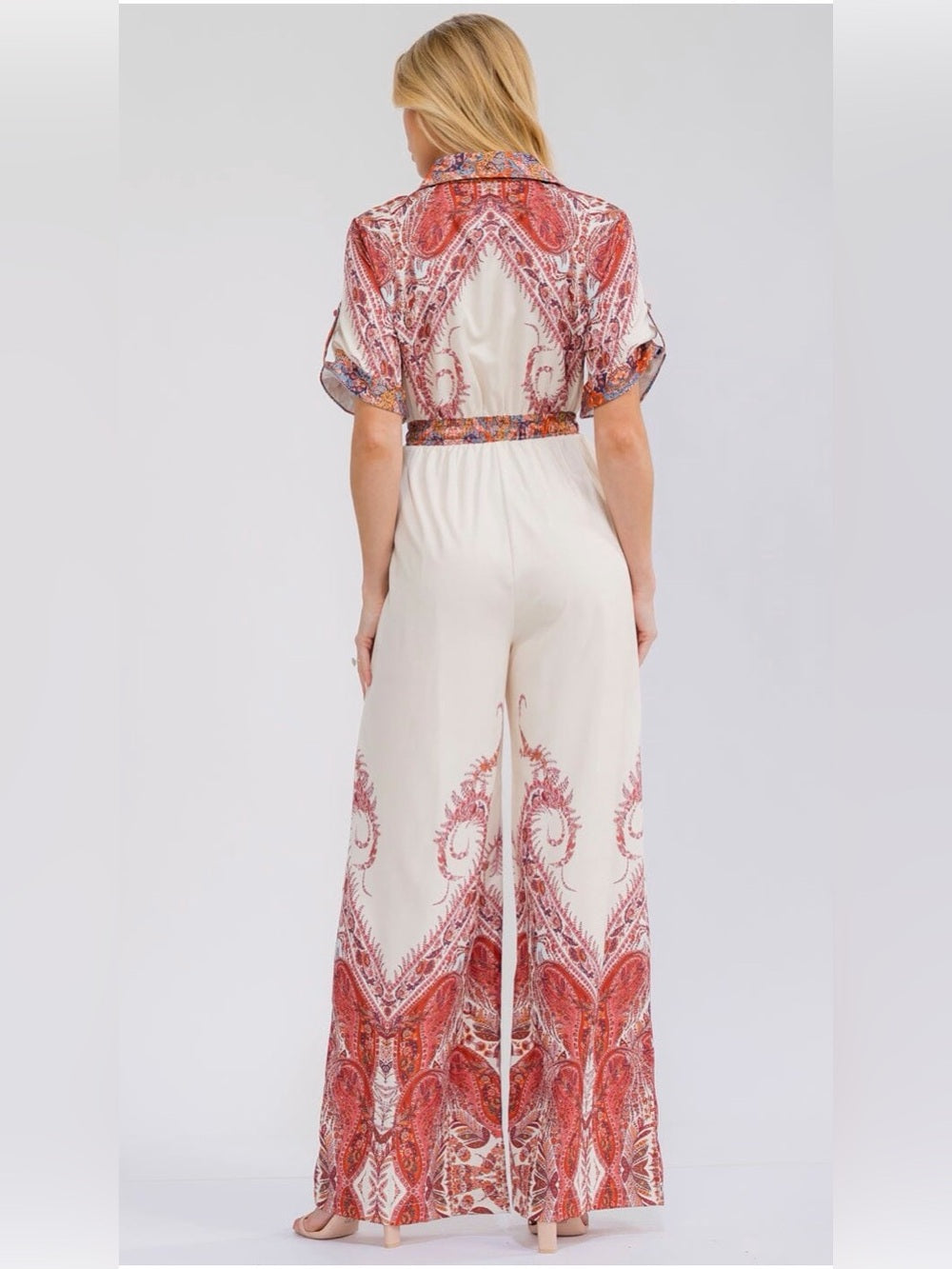 A688. Cream & Rust Paisley Button-Front Jumpsuit