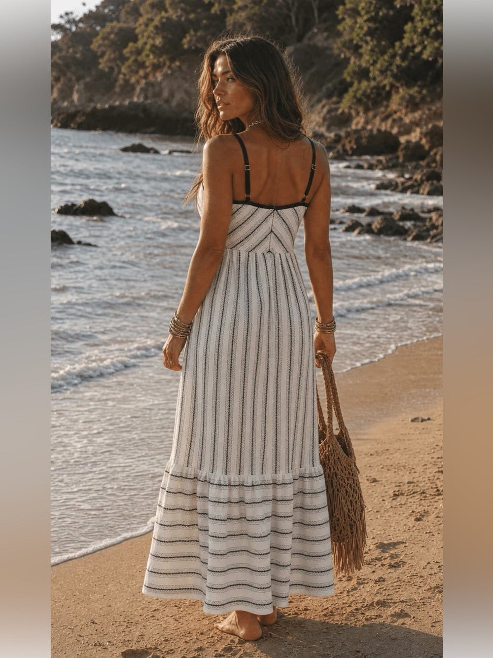A689. Striped Cream Maxi Dress with Black Trim