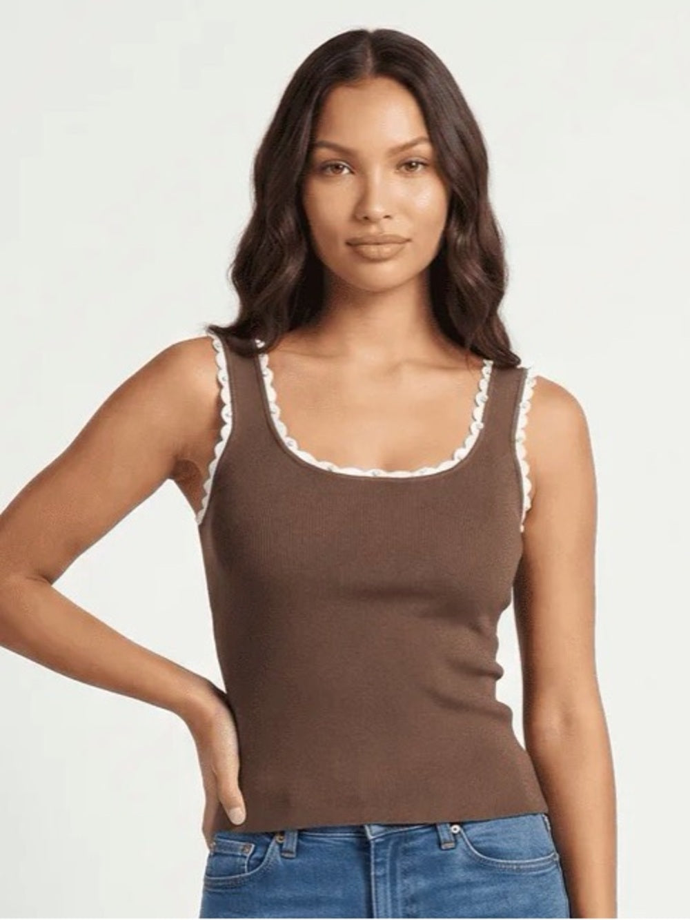 A692. Brown Ribbed Tank with White Scallop Pearl Trim