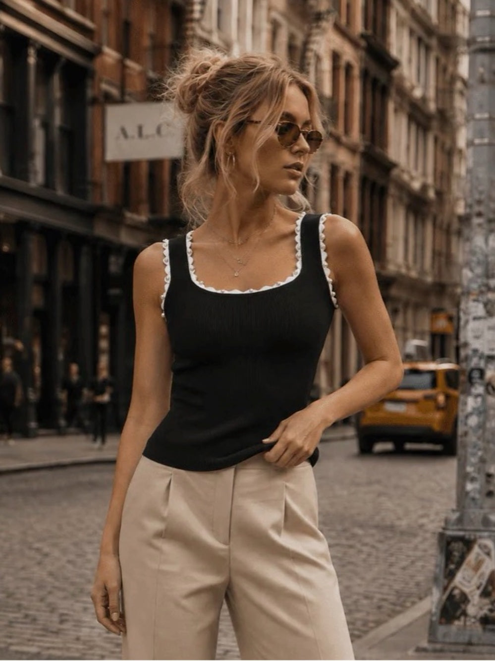 A693. Black Ribbed Tank with White Scallop Pearl Trim