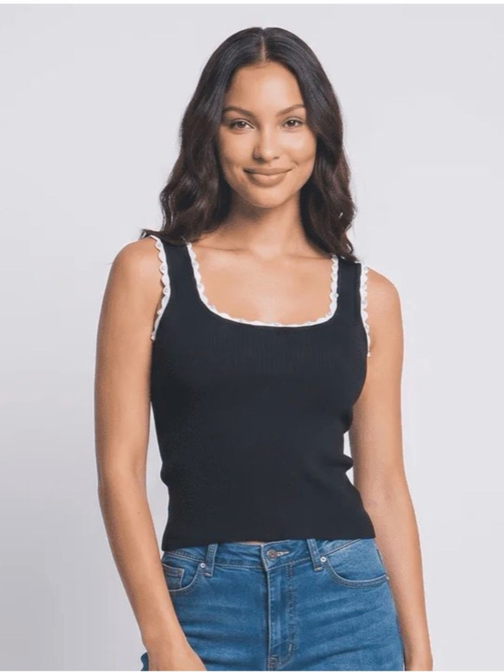 A693. Black Ribbed Tank with White Scallop Pearl Trim