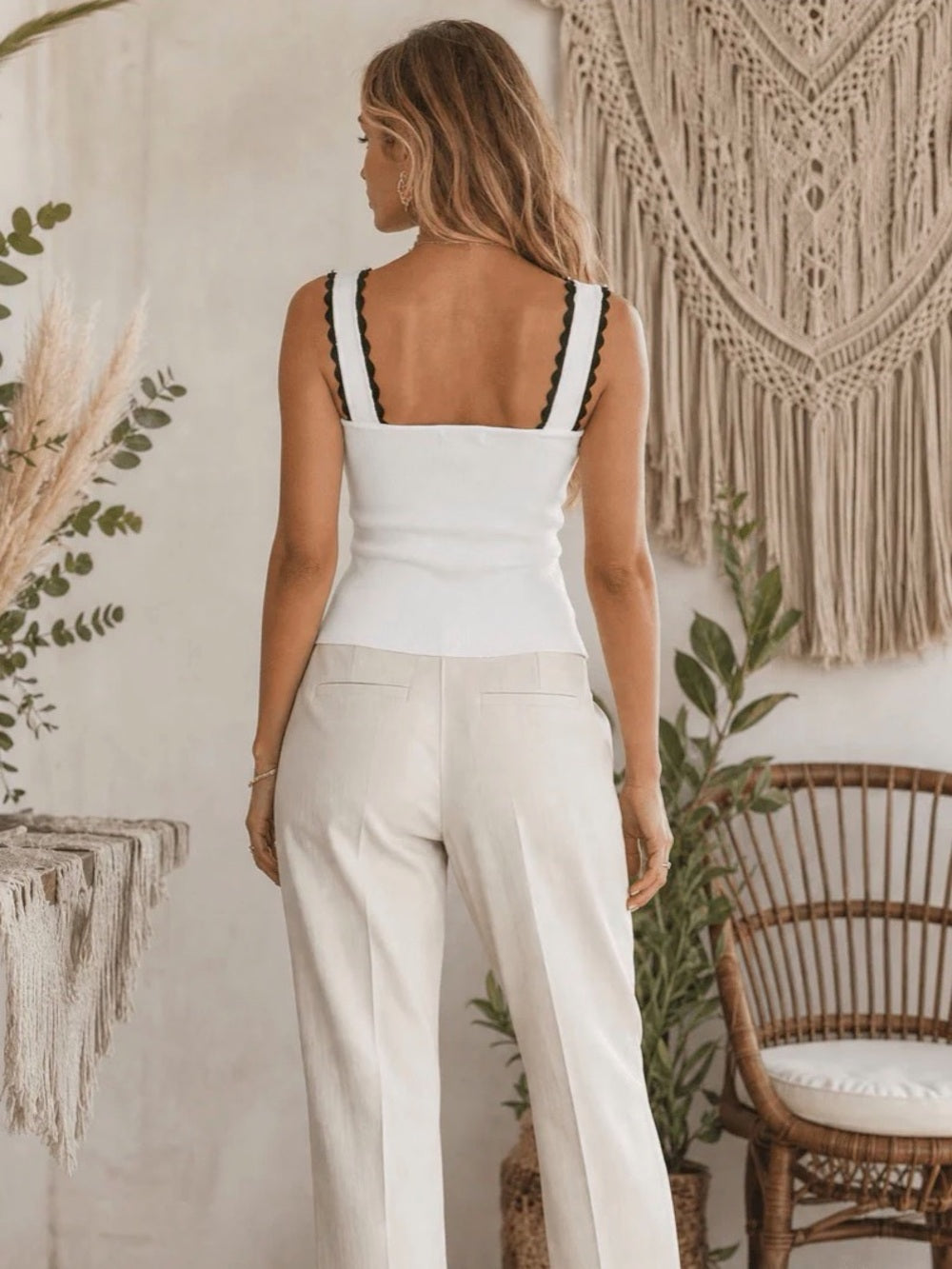 A694. White Ribbed Tank with Black Scallop Trim and Pearl Accent
