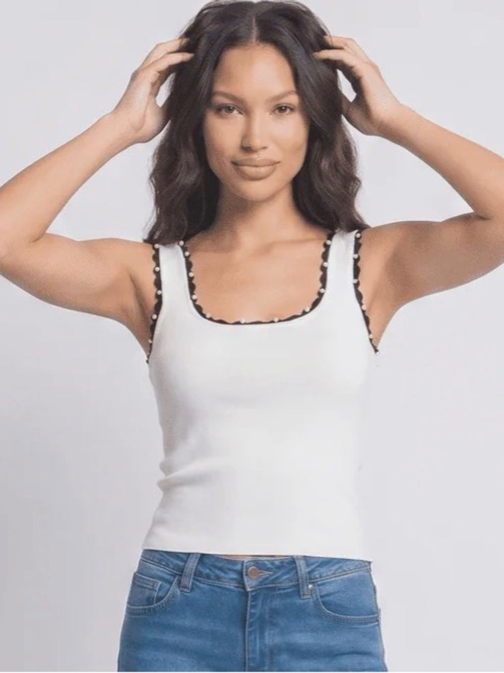 A694. White Ribbed Tank with Black Scallop Trim and Pearl Accent