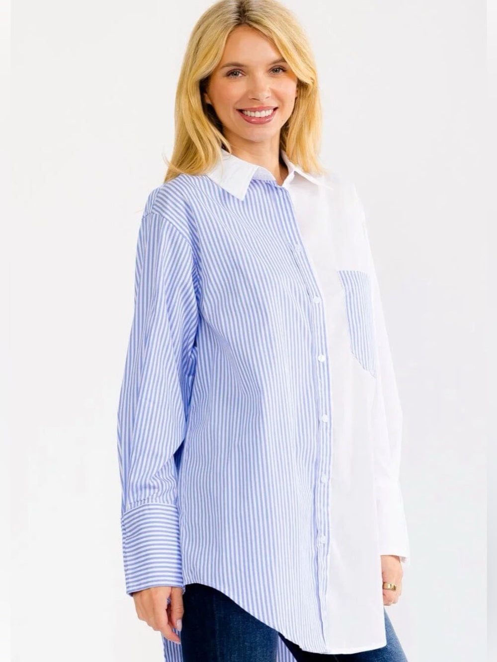 A695. Two-Tone Blue & White Striped Button-Up Shirt