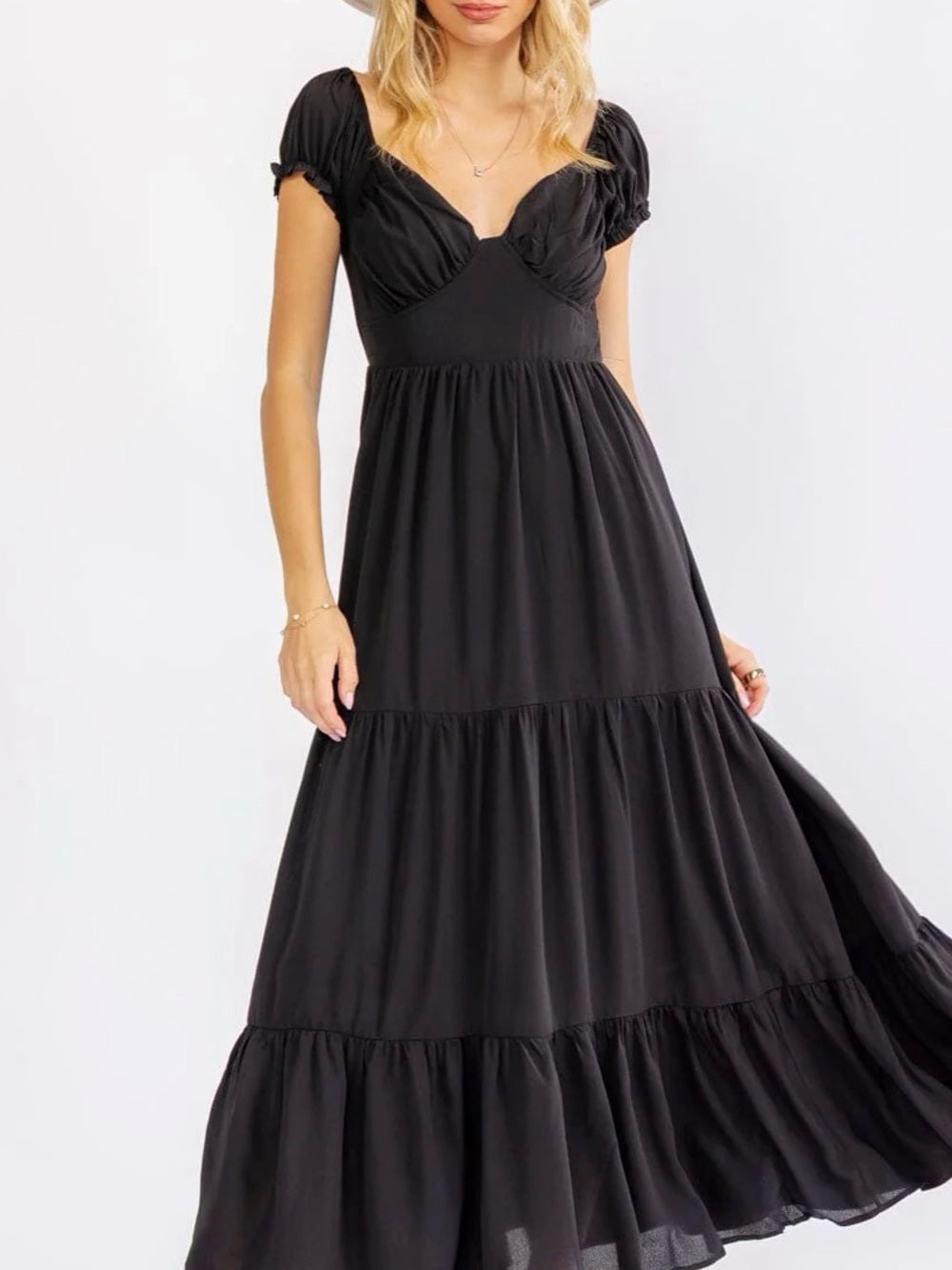 A696. Black Tiered Maxi Dress with Sweetheart Neckline