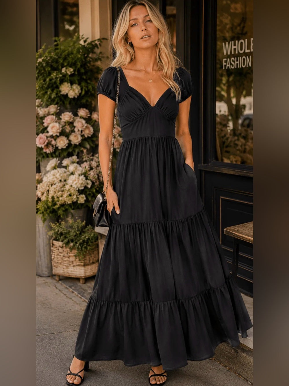 A696. Black Tiered Maxi Dress with Sweetheart Neckline