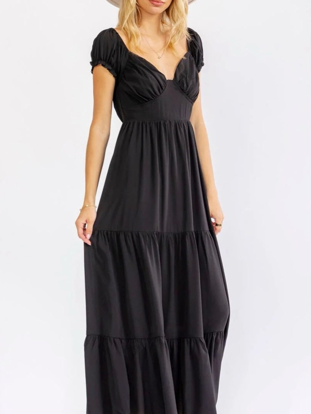 A696. Black Tiered Maxi Dress with Sweetheart Neckline