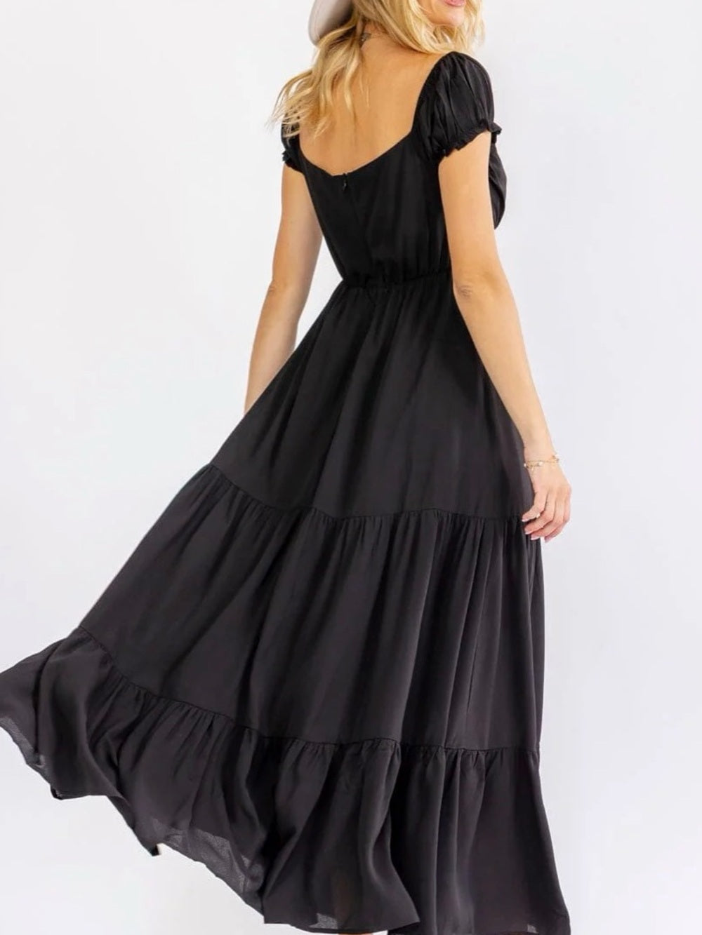 A696. Black Tiered Maxi Dress with Sweetheart Neckline