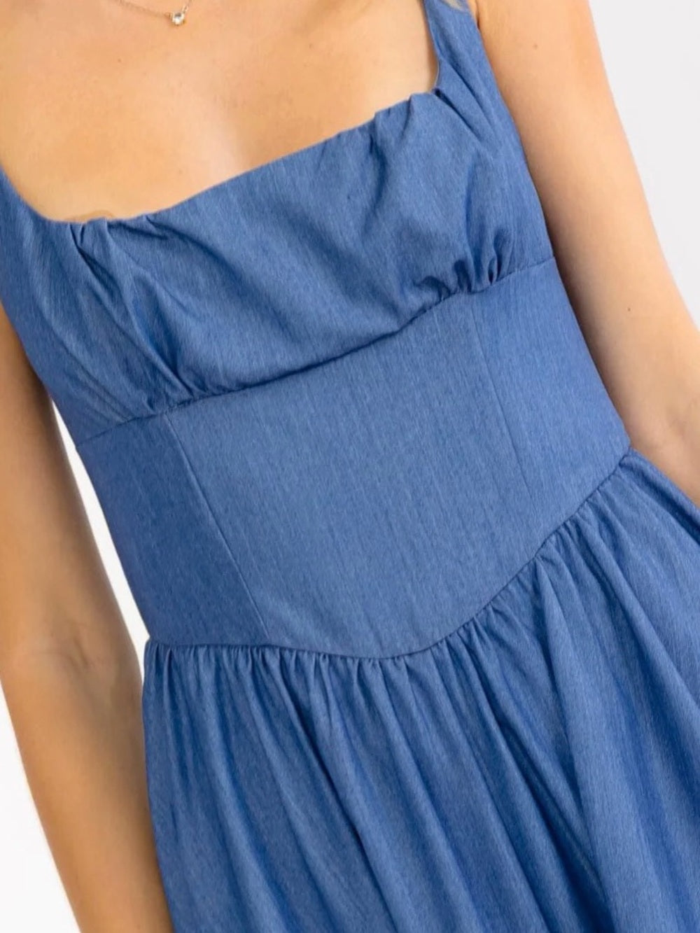 A697 Blue Square-Neck Sleeveless Midi Dress