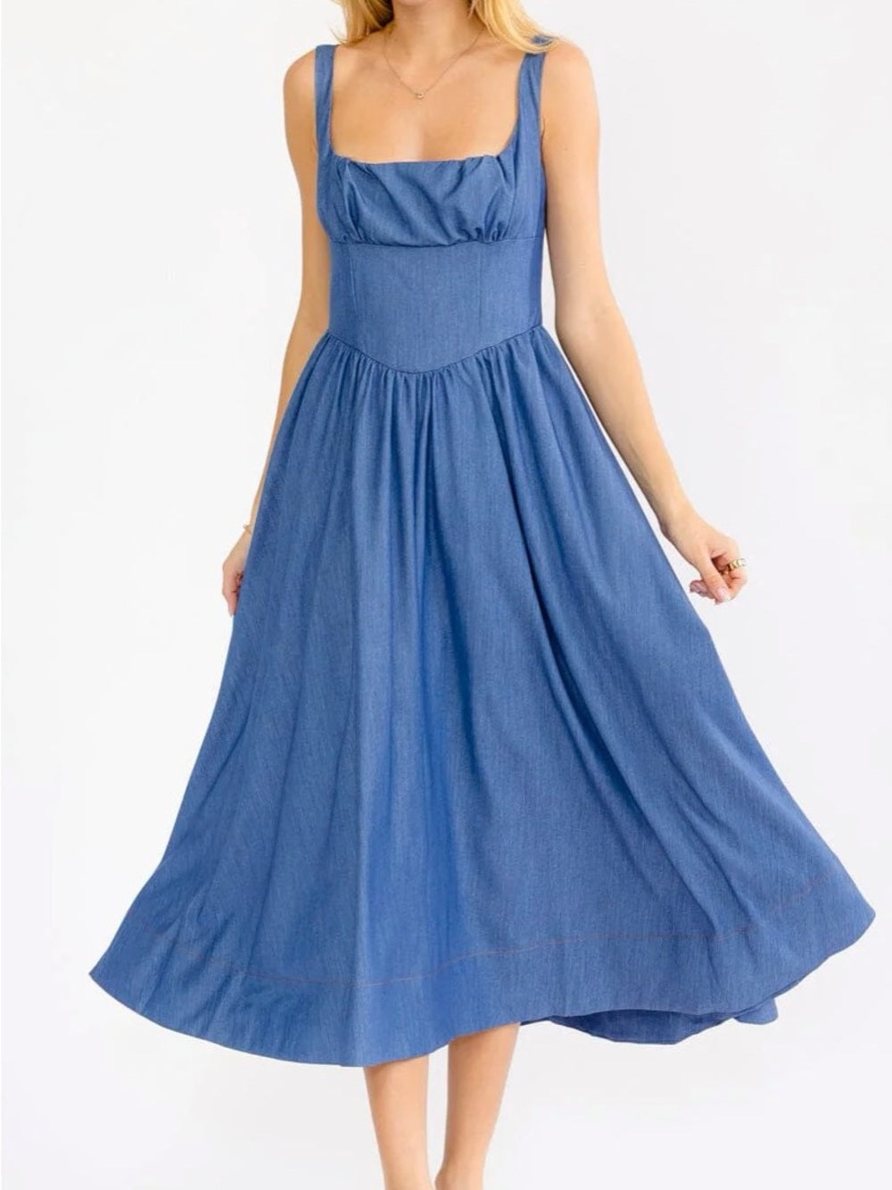 A697 Blue Square-Neck Sleeveless Midi Dress