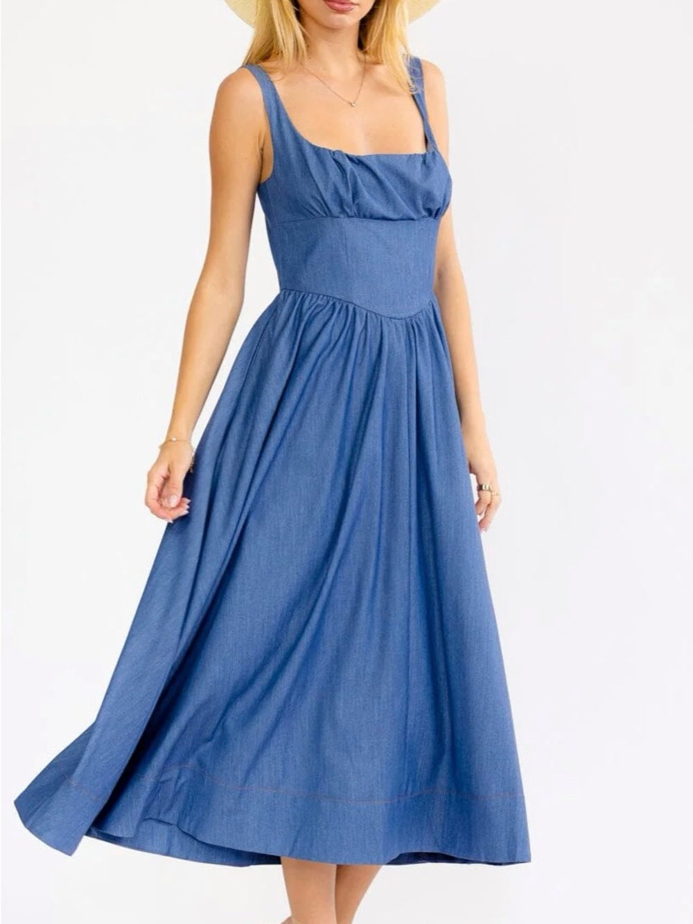 A697 Blue Square-Neck Sleeveless Midi Dress