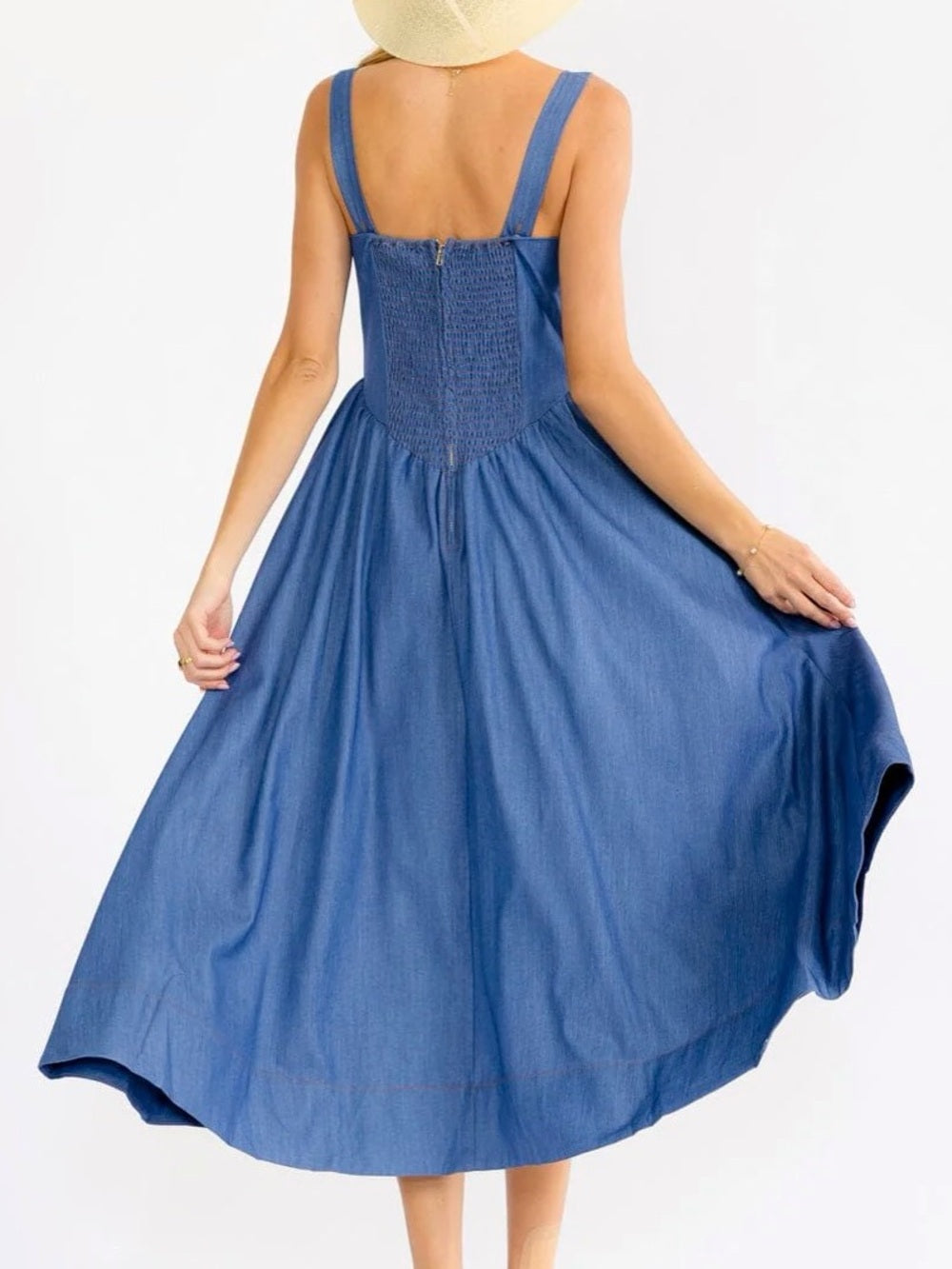 A697 Blue Square-Neck Sleeveless Midi Dress