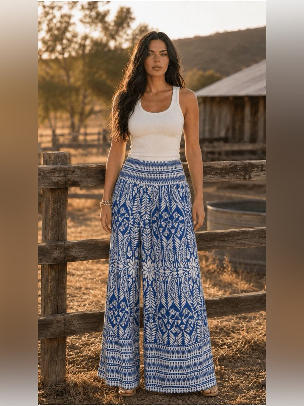A698. Boho Wide-Leg Printed Pants in Blue and White
