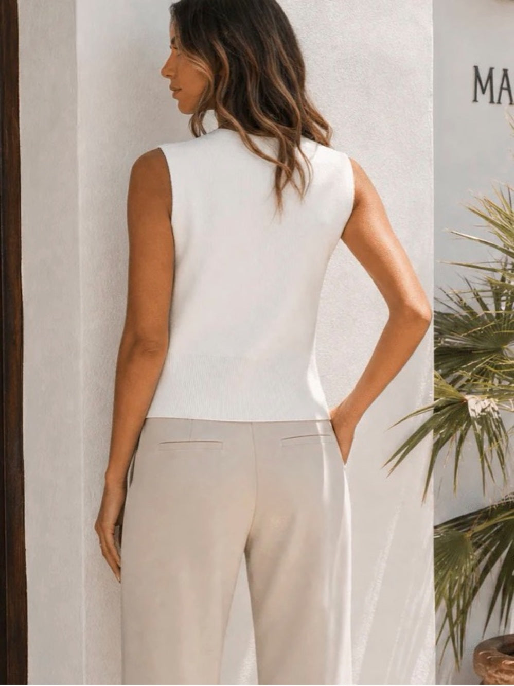 A699. Sleeveless White V-Neck Button Vest Top