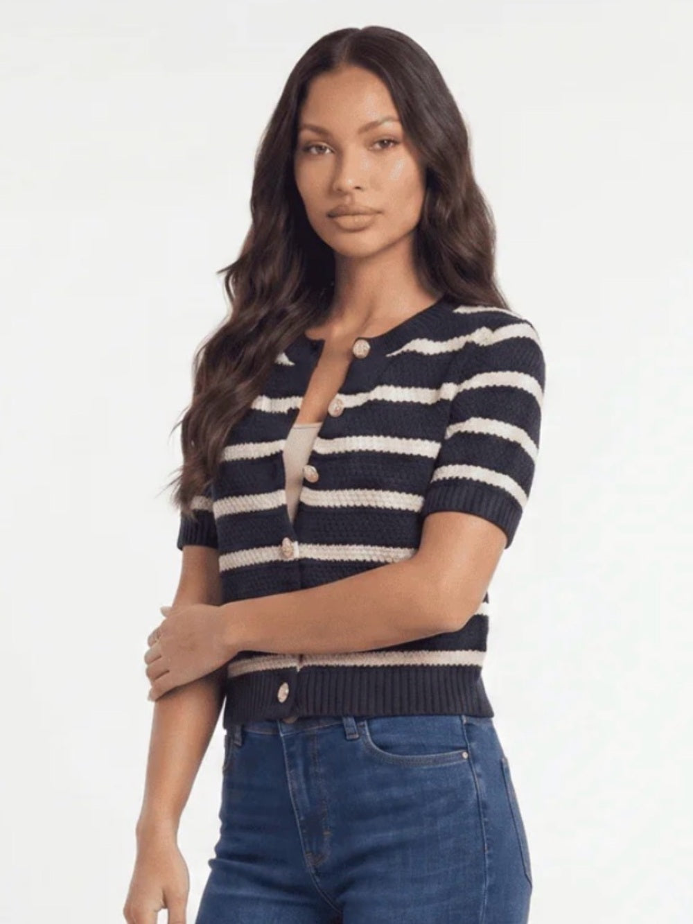 A698. Striped Short-Sleeve Cardigan
