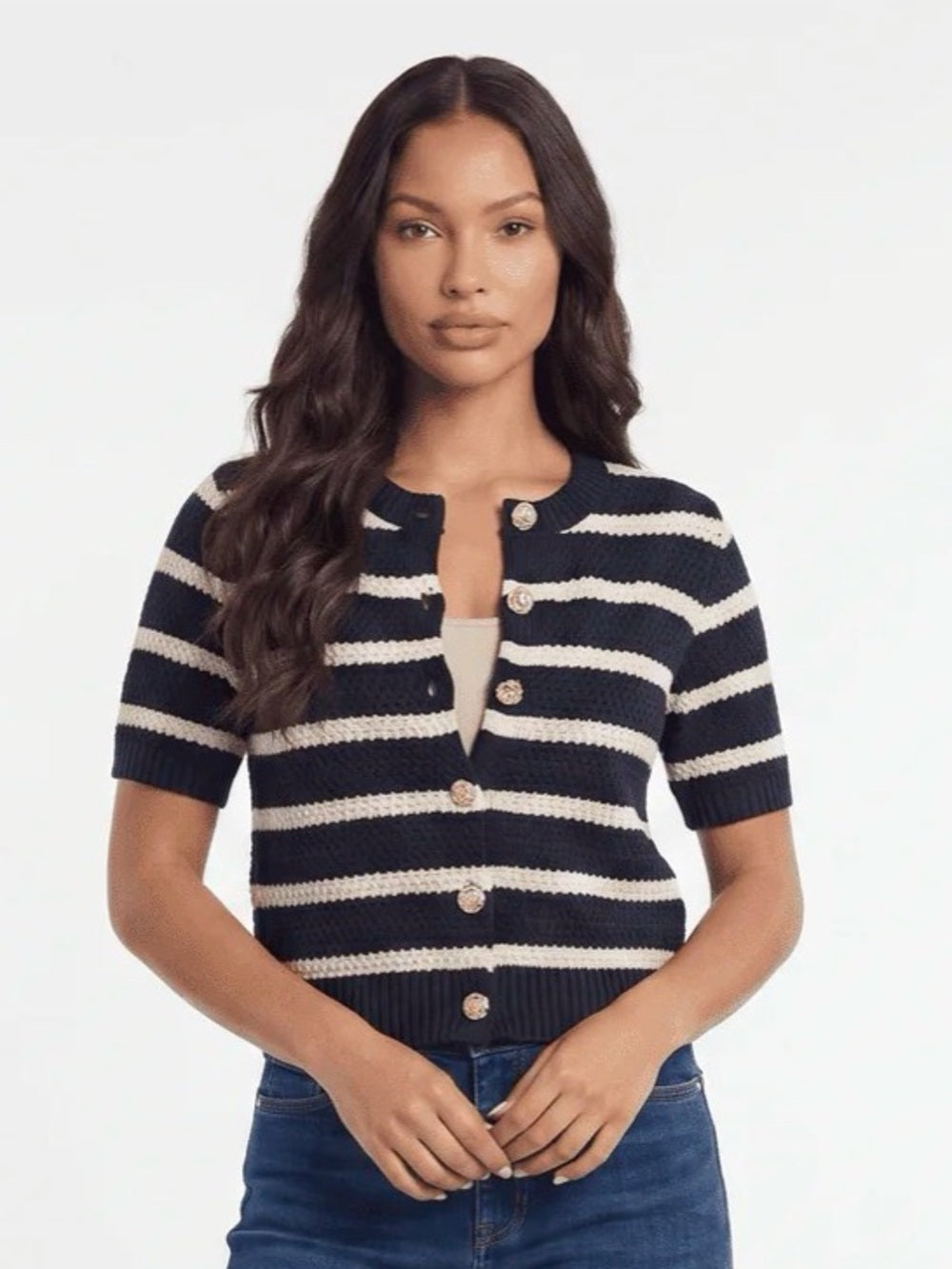 A698. Striped Short-Sleeve Cardigan