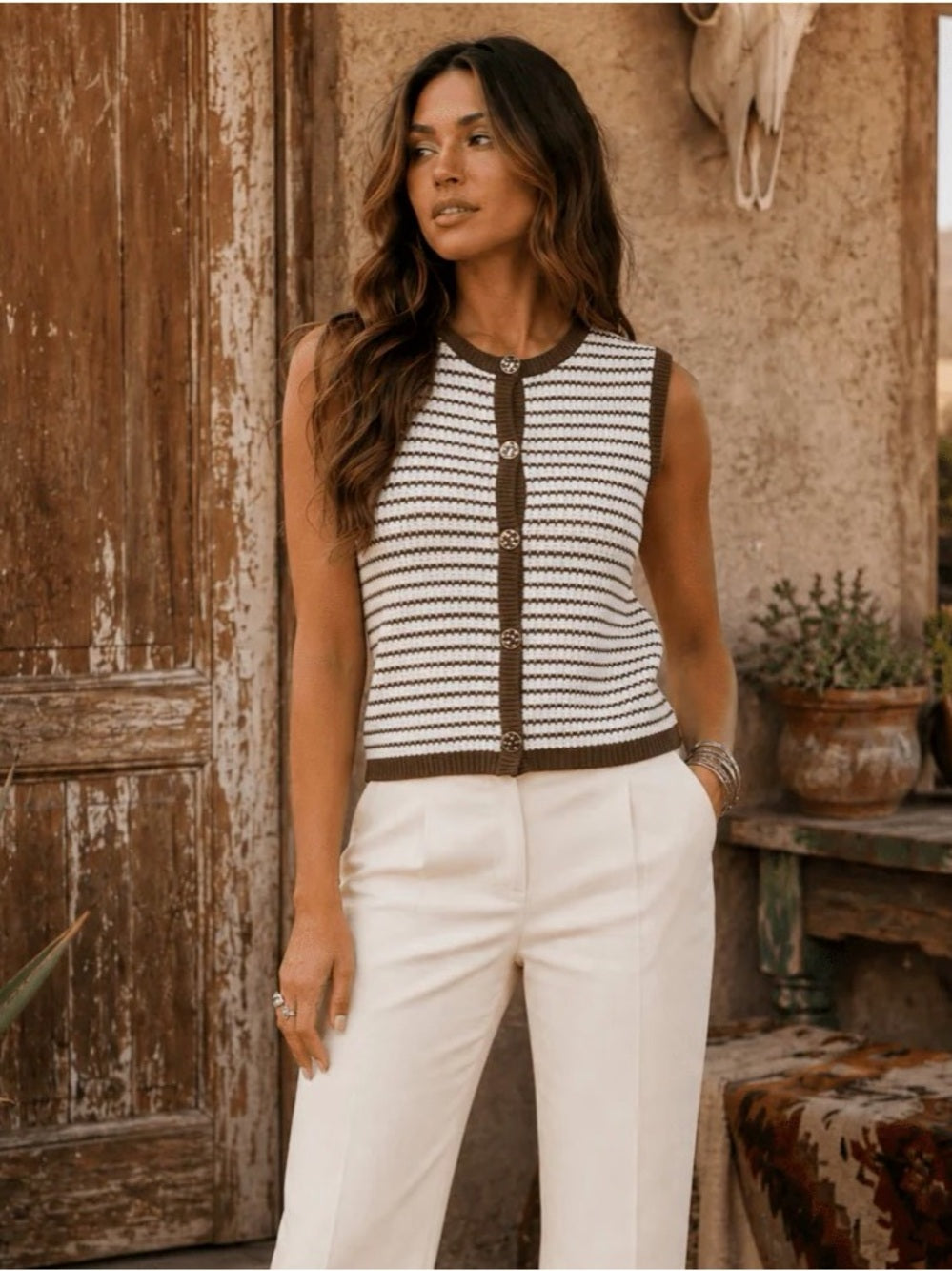 A703. Striped Knit Sleeveless Button Front Top - Brown & White