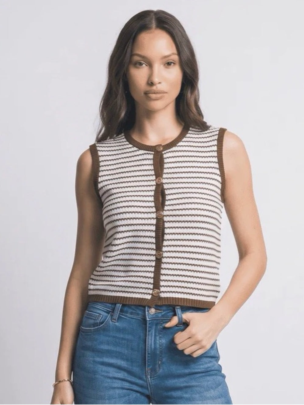 A703. Striped Knit Sleeveless Button Front Top - Brown & White