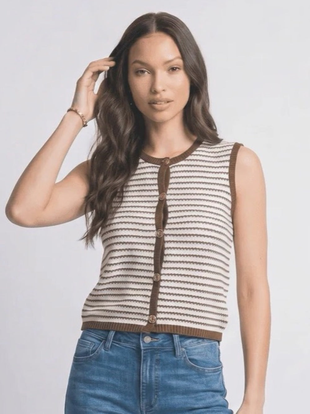 A703. Striped Knit Sleeveless Button Front Top - Brown & White