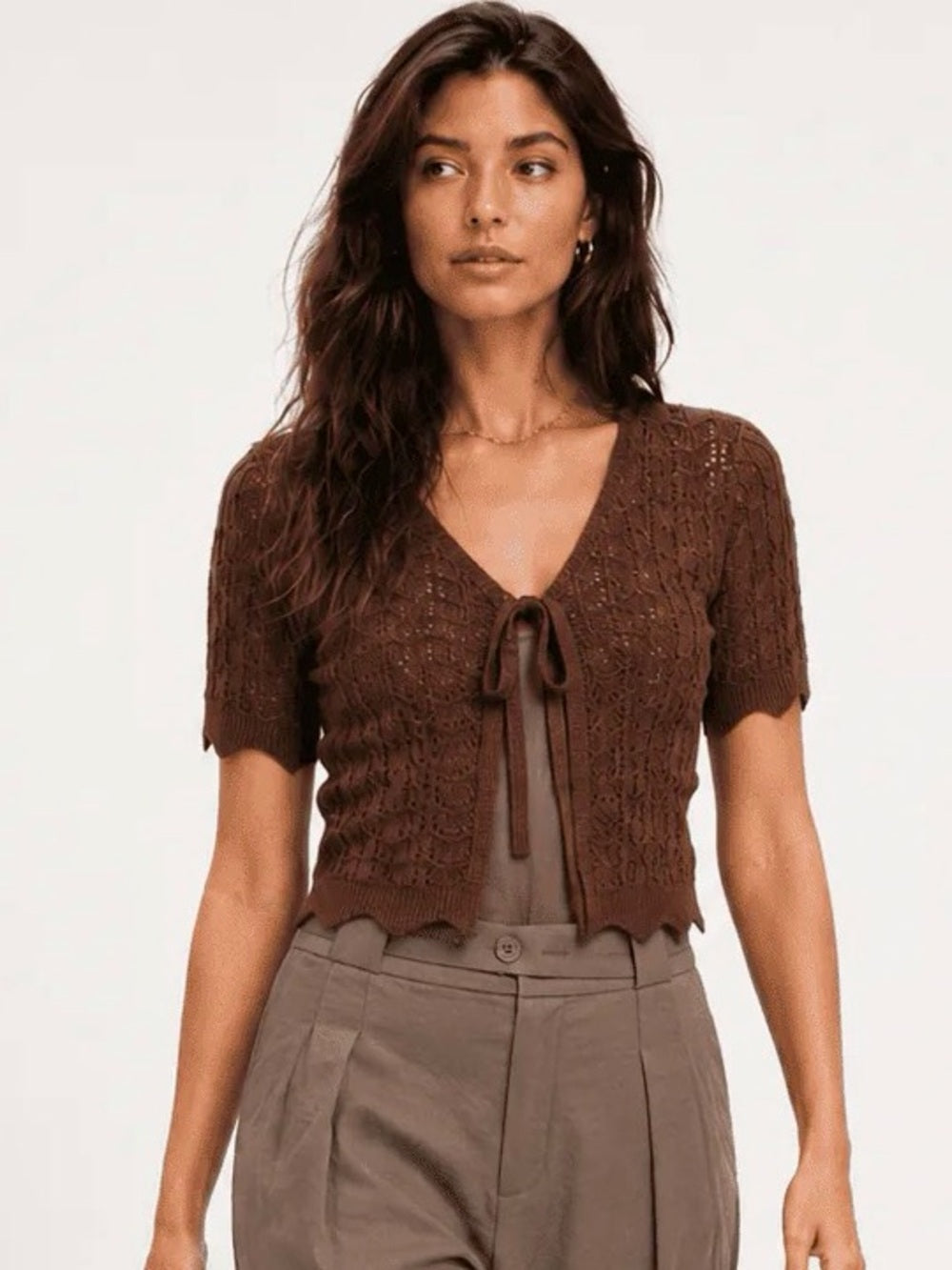 A701. Brown Crochet Tie-Front Crop Cardigan