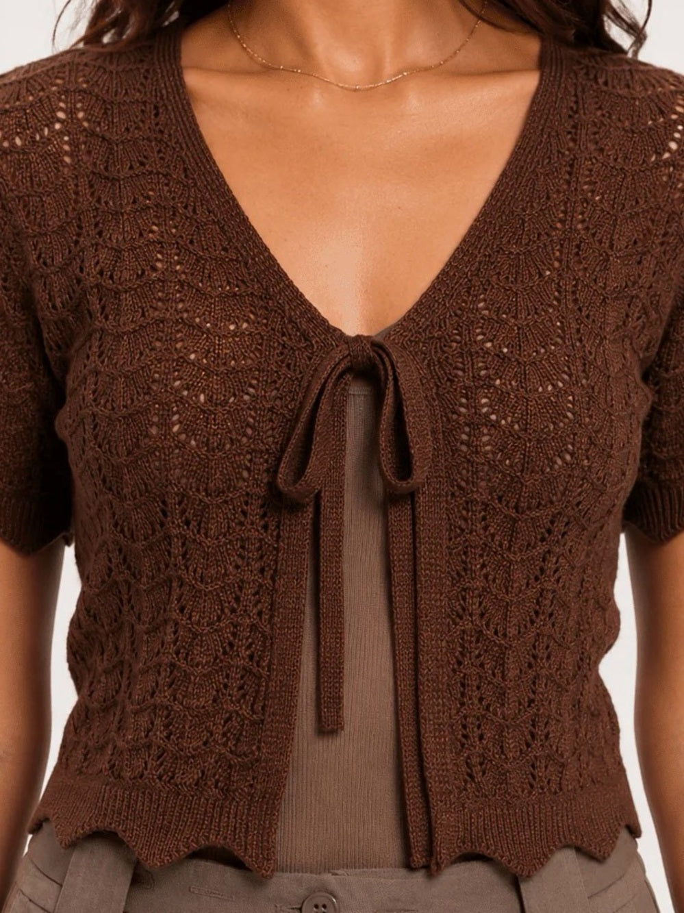 A701. Brown Crochet Tie-Front Crop Cardigan