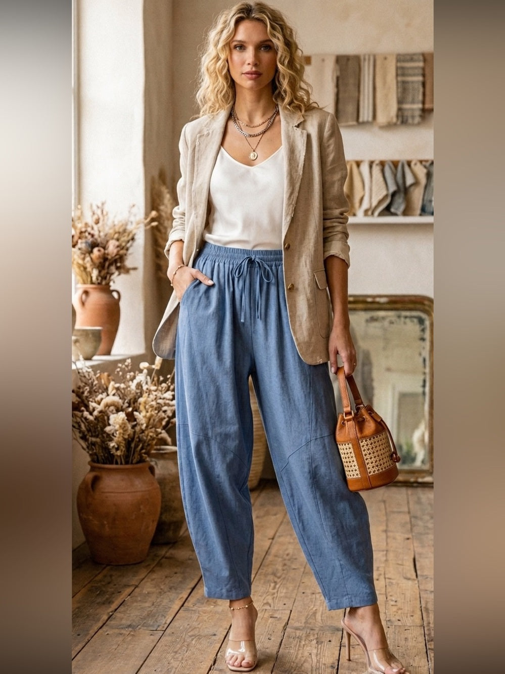 A702. Relaxed Drawstring Linen-Blend Pants in Dusty Blue